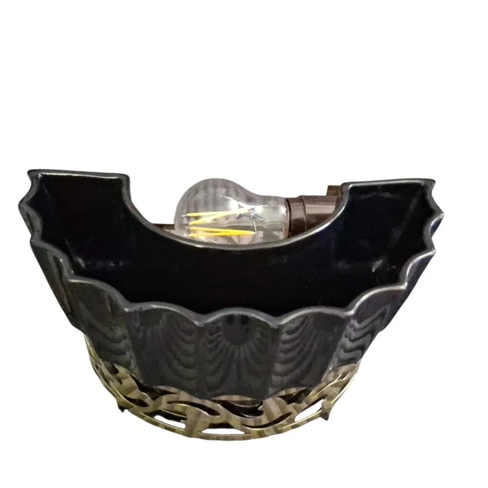 Vtg 1953 Miramar of CA TV Lamp Rippled Black Planter w/Gold Ornate Metal Base